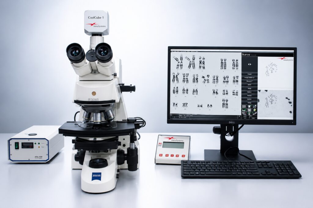 Cytogenetics microscope and MetaSystems IKAROS workstation displaying chromosome images.